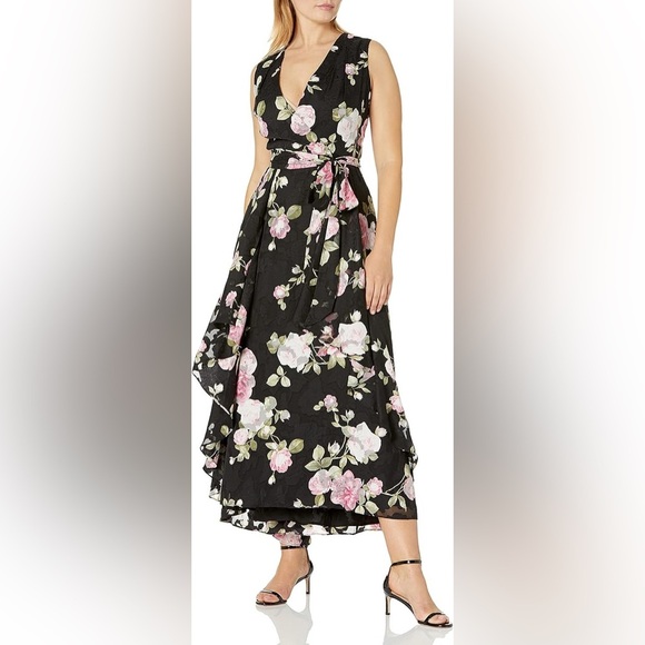 Tahari Black Pink Floral Embossed Wrap Maxi Dress 10 Wedding Guest Formal Event - Picture 1 of 10